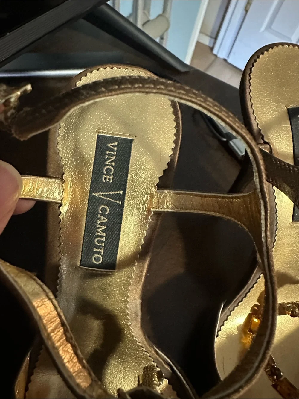 Vince Camuto Brown Satin T-Strap Heels with Amber Gem Detail